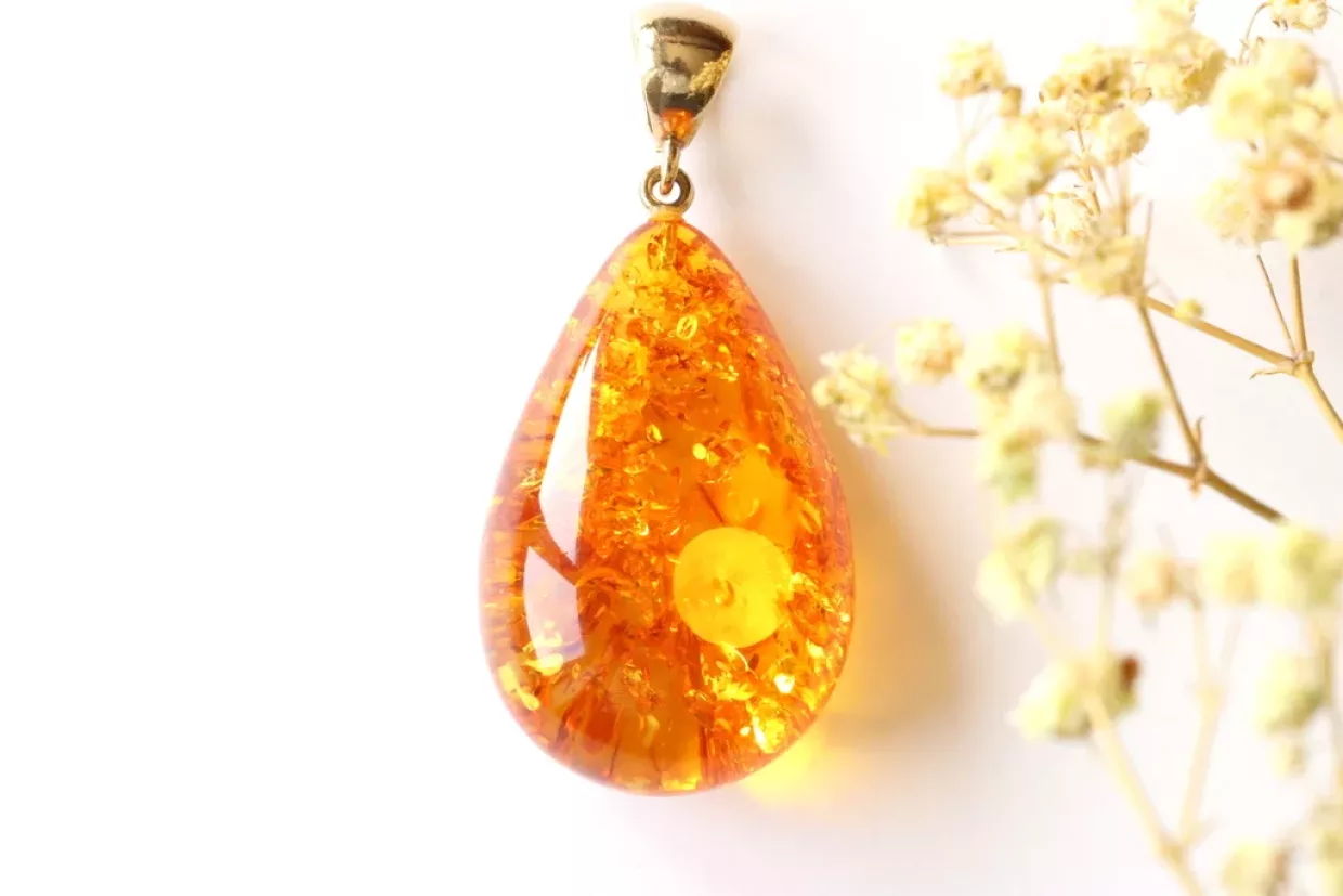 Gold color amber pendant with amber chain from natural Baltic amber ...